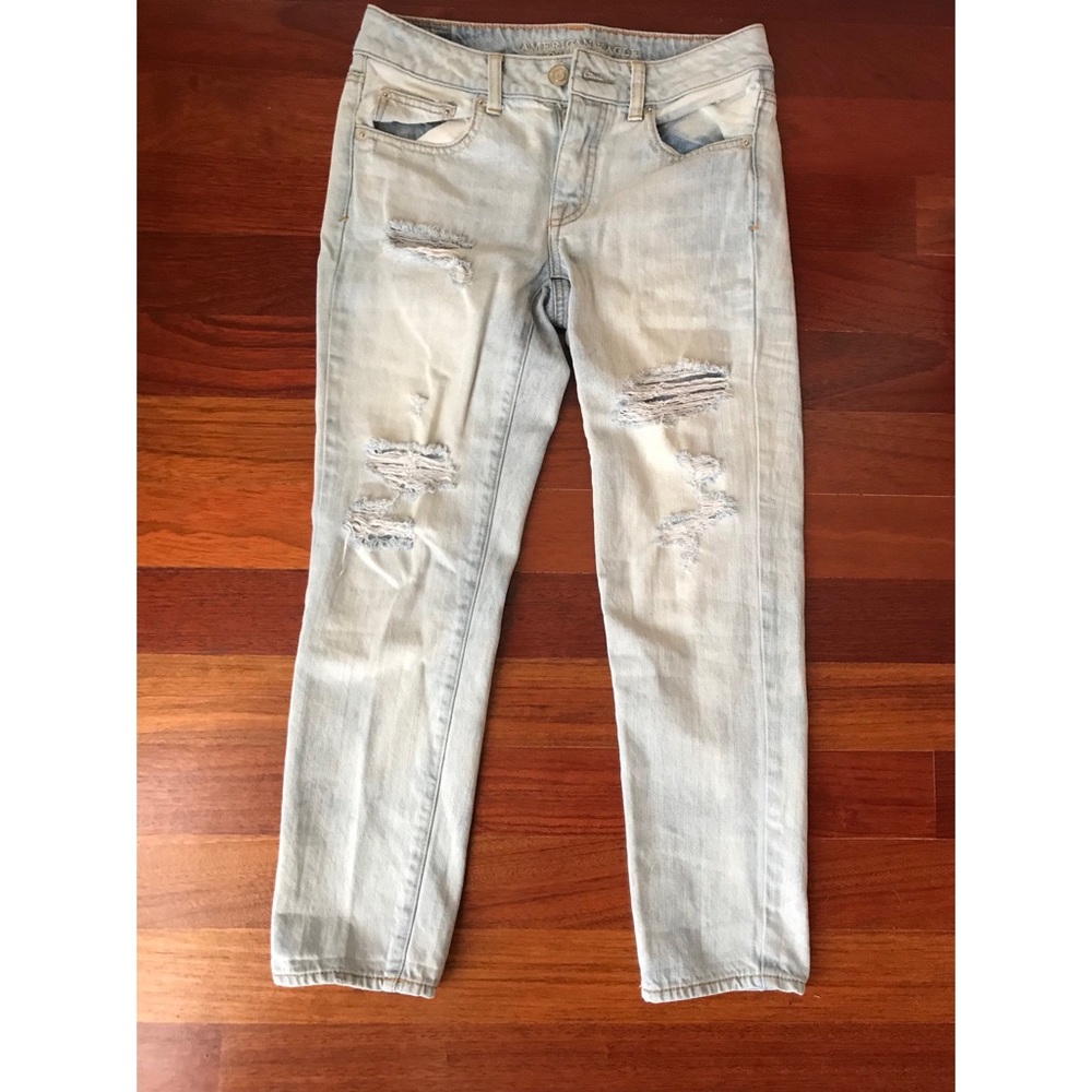 American Eagle light wash distressed denim